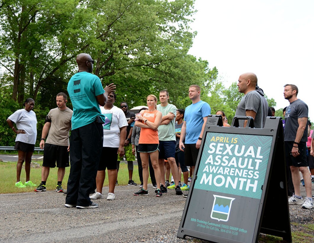 Army Sgt. Maj. William Downey, senior enlisted advisor, Defense Logistics Agency Joint Reserve Force explains the route of the of fifth annual 5K Run/Walk for Sexual Assault Awareness and Prevention Month April 28, 2017 on Defense Supply Center Richmond, Virginia.