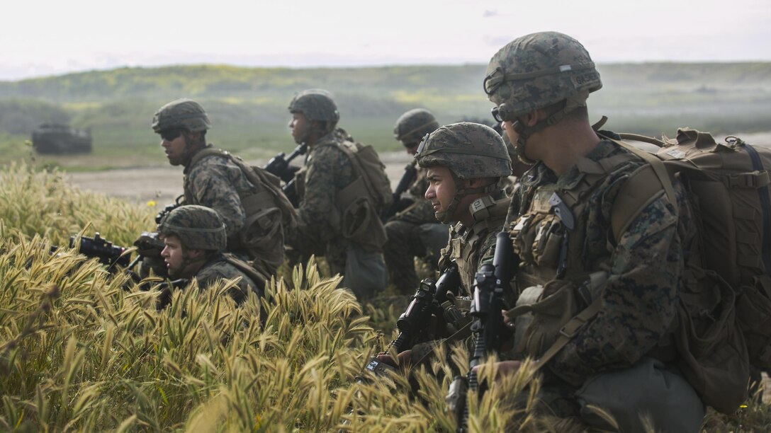 MARINE CORPS BASE CAMP PENDLETON, Calif. – Marines with Battalion Landing Team 1/5, 15th Marine Expeditionary Unit conduct an prepare to clear a combat town during an amphibious assault as part of PHIBRON-MEU integration training at Camp Pendleton, April 13, 2017. This first at-sea exercise provides the Marines the opportunity to practice integrating with their Navy counterparts to form an efficient team capable of accomplishing a range of missions around the globe. This Navy-Marine Corps team supports combatant commanders in maintaining regional maritime security and stability while providing offshore options to deter influence and win in an era of uncertainty.  (U.S. Marine Corps photo by Cpl. Frank Cordoba)