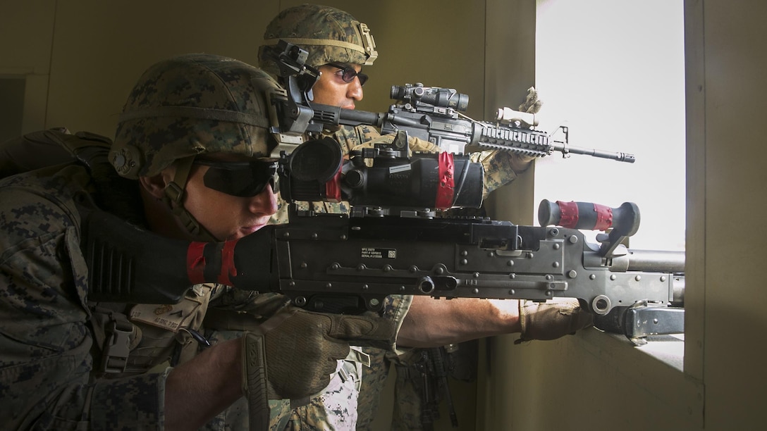 MARINE CORPS BASE CAMP PENDLETON, Calif. – Marines with Battalion Landing Team 1/5, 15th Marine Expeditionary Unit post security after clearing a room during an amphibious assault part of PHIBRON-MEU integration training at Camp Pendleton, April 13, 2017. This first at-sea exercise provides the Marines the opportunity to practice integrating with their Navy counterparts to form an efficient team capable of accomplishing a range of missions around the globe. This Navy-Marine Corps team supports combatant commanders in maintaining regional maritime security and stability while providing offshore options to deter influence and win in an era of uncertainty.  (U.S. Marine Corps photo by Cpl. Frank Cordoba)
