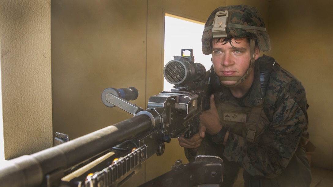 MARINE CORPS BASE CAMP PENDLETON, Calif. – A Marine with Battalion Landing Team 1/5, 15th Marine Expeditionary Unit posts security during an amphibious assault as part of PHIBRON-MEU integration training at Camp Pendleton, April 13, 2017. This first at-sea exercise provides the Marines the opportunity to practice integrating with their Navy counterparts to form an efficient team capable of accomplishing a range of missions around the globe. This Navy-Marine Corps team supports combatant commanders in maintaining regional maritime security and stability while providing offshore options to deter, influence and win in an era of uncertainty.  (U.S. Marine Corps photo by Cpl. Frank Cordoba)