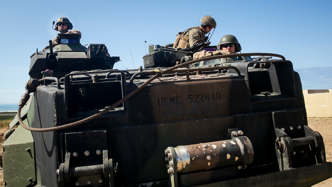 MARINE CORPS BASE CAMP PENDLETON, Calif. – Marines with the 3rd Assault Amphibian Battalion 15th Marine Expeditionary Unit drive an amphibious assault vehicle during PHIBRON-MEU integration training at Camp Pendleton, April 13, 2017. This first at-sea exercise provides the Marines the opportunity to practice integrating with their Navy counterparts to form an efficient team capable of accomplishing a range of missions around the globe. This Navy-Marine Corps team supports combatant commanders in maintaining regional maritime security and stability while providing offshore options to deter, influence and win in an era of uncertainty.  (U.S. Marine Corps photo by Cpl. Frank Cordoba)