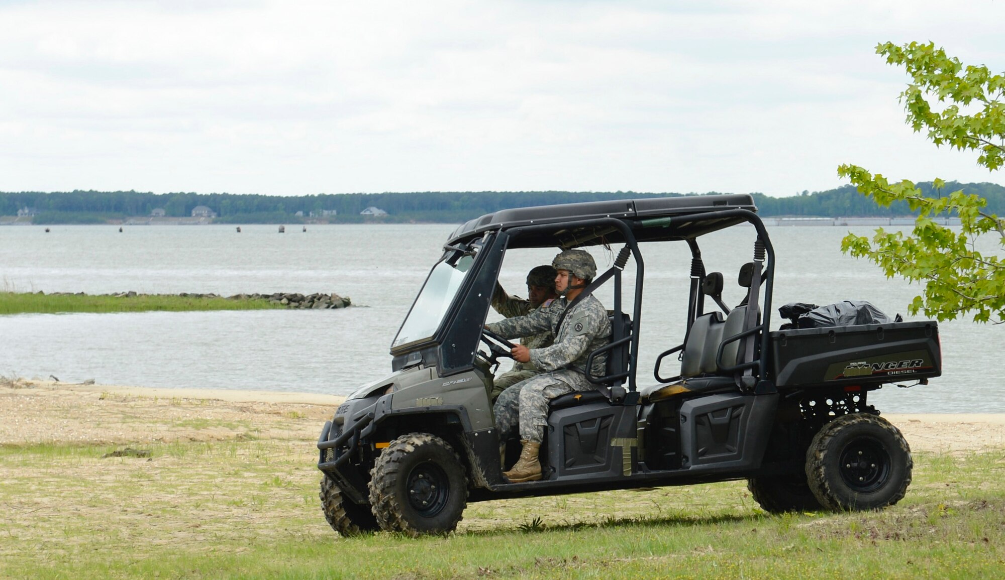 U.S. Army Soldiers with the 688th Rapid Port Opening Element transport supplies using an all-terrain vehicle during an exercise at Joint Base Langley-Eustis, Va., April 26, 2017. The 688th RPOE Soldiers perform humanitarian and disaster relief missions, along with deploying in support of wartime operations. (U.S. Air Force photo/Airman 1st Class Kaylee Dubois)