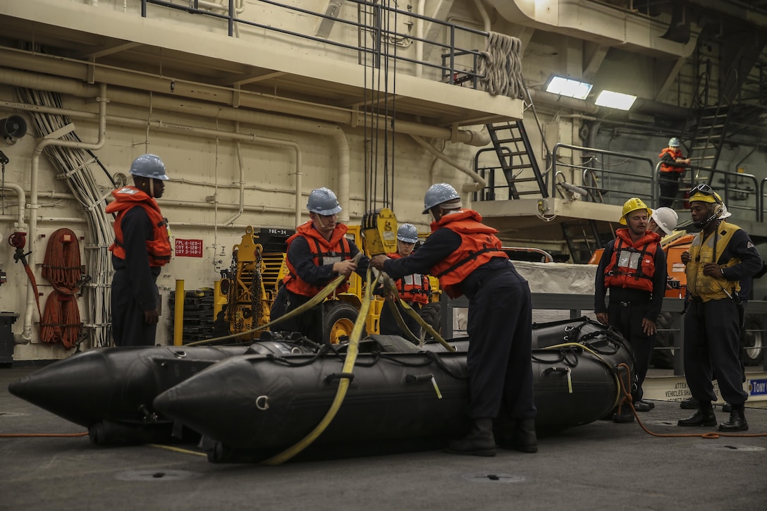 PACIFIC OCEAN, Calif., – Sailors aboard the USS San Diego (LPD-22) hoist a combat rubber raiding craft in preparation for the 15th Marine Expeditionary Unit Maritime Raid Force to conduct debarkation drills from the well deck during PHIBRON-MEU Integration, April 3, 2017. PMINT is the first at-sea training exercise and an opportunity for the Marines and Sailors to work as one team to complete essential missions.  This exercise lays the foundation for all the elements of the 15th MEU to develop relationships with their Navy counterparts and gain an understanding of the teamwork necessary to accomplish the mission with a focus on facilitating the integration of the blue-green team. (U.S. Marine Corps photo by Cpl. Timothy Valero)