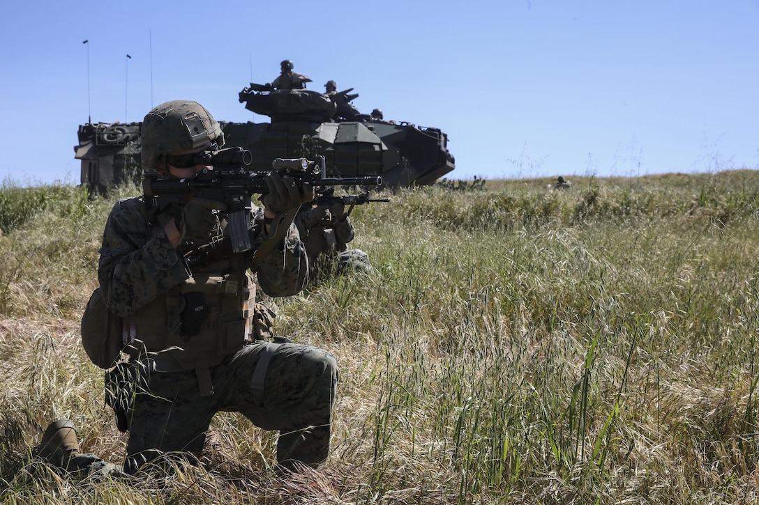 SAN CLEMENTE ISLAND, Calif., -- Lance Cpl. Richard Kanz, a rifleman with 15th Marine Expeditionary Unit, Battalion Land Team 1st Battalion 5th Marine Regiment provides security after offloading Assault Amphibious Vehicles during a PHIBRON-MEU Integration amphibious assault, April 5, 2017. PMINT is the first at-sea training period and an opportunity for Marines with 3rd Amphibious Assault Battalion and BLT 1/5 to conduct amphibious assaults on varying objectives in preparation for deployment later this year.  This exercise lays the foundation for all the elements of the 15th MEU to develop relationships with their Navy counterparts and gain an understanding of the teamwork necessary to accomplish the mission with a focus on facilitating the integration of the blue-green team. (U.S. Marine Corps photo by Cpl. Timothy Valero)