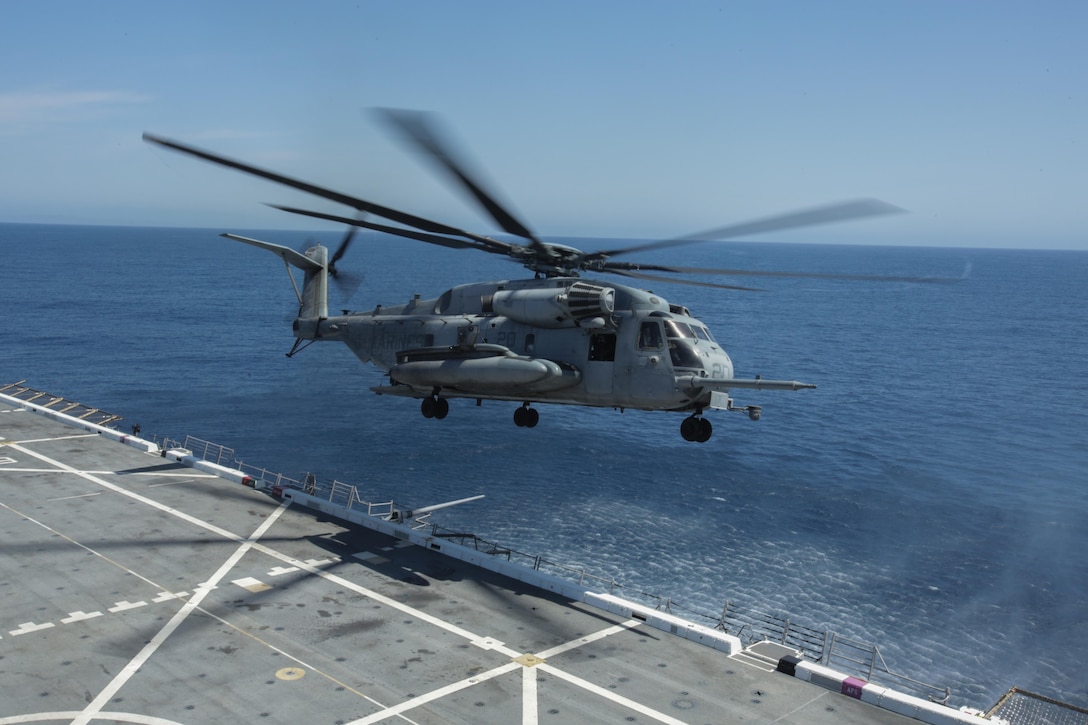 PACIFIC OCEAN, Calif., – Marines with the 15th Marine Expeditionary disembark from the USS San Diego (LPD-22) aboard a CH-53E Super Stallion with Marine Medium Tiltrotor Squadron 161 (Reinforced) to be transported to the USS America (LHA-6), April 10, 2017. The 15th MEU uses air assets to transport personnel between ships during PHIBRON-MEU integration. The 15th MEU’s rapid ability to mobilize people and equipment makes the amphibious force uniquely postured to respond to any mission around the globe. (U.S. Marine Corps photo by Lance Cpl. Jacob Pruitt)