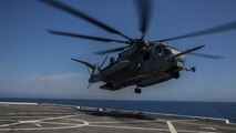 PACIFIC OCEAN, Calif., – A CH-53E Super Stallion lifts off from the flight deck on the USS San Diego (LPD-22) to transport Marines and equipment to the USS America (LHA-6), April 10, 2017. The 15th MEU uses the air assets provided by Marine Medium Tiltrotor Squadron 161 (Reinforced) to transport personnel and equipment ship-to-ship and ship-to-shore efficiently. The 15th MEU’s rapid ability to mobilize people and equipment makes the amphibious force uniquely postured to respond to any mission around the globe. (U.S. Marine Corps photo by Cpl. Timothy Valero)