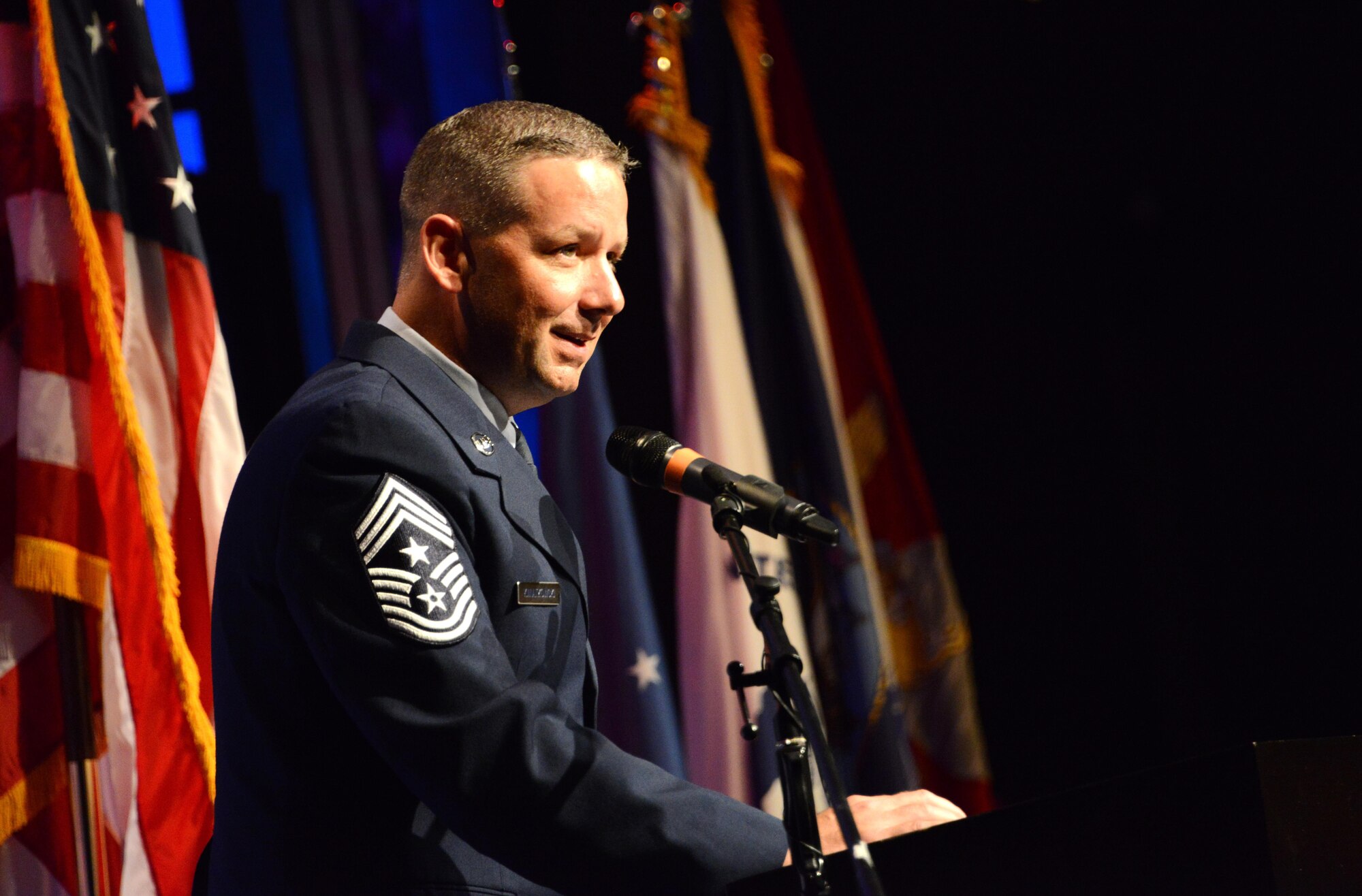 Chief Master Sgt. Randy Kwiatkowski, 56th Fighter Wing command chief, spoke to future service members during the 2017 Inaugural Induction Ceremony April 28, 2017, at the Calvary Community Church in Glendale, Ariz. In Kwiatkowski’s speech, he expressed the importance of putting people first, focusing on the future and the positive culture we must continue to build upon as a new generation enters service. (U.S. Air Force photo by Airman 1st Class Alexander Cook)