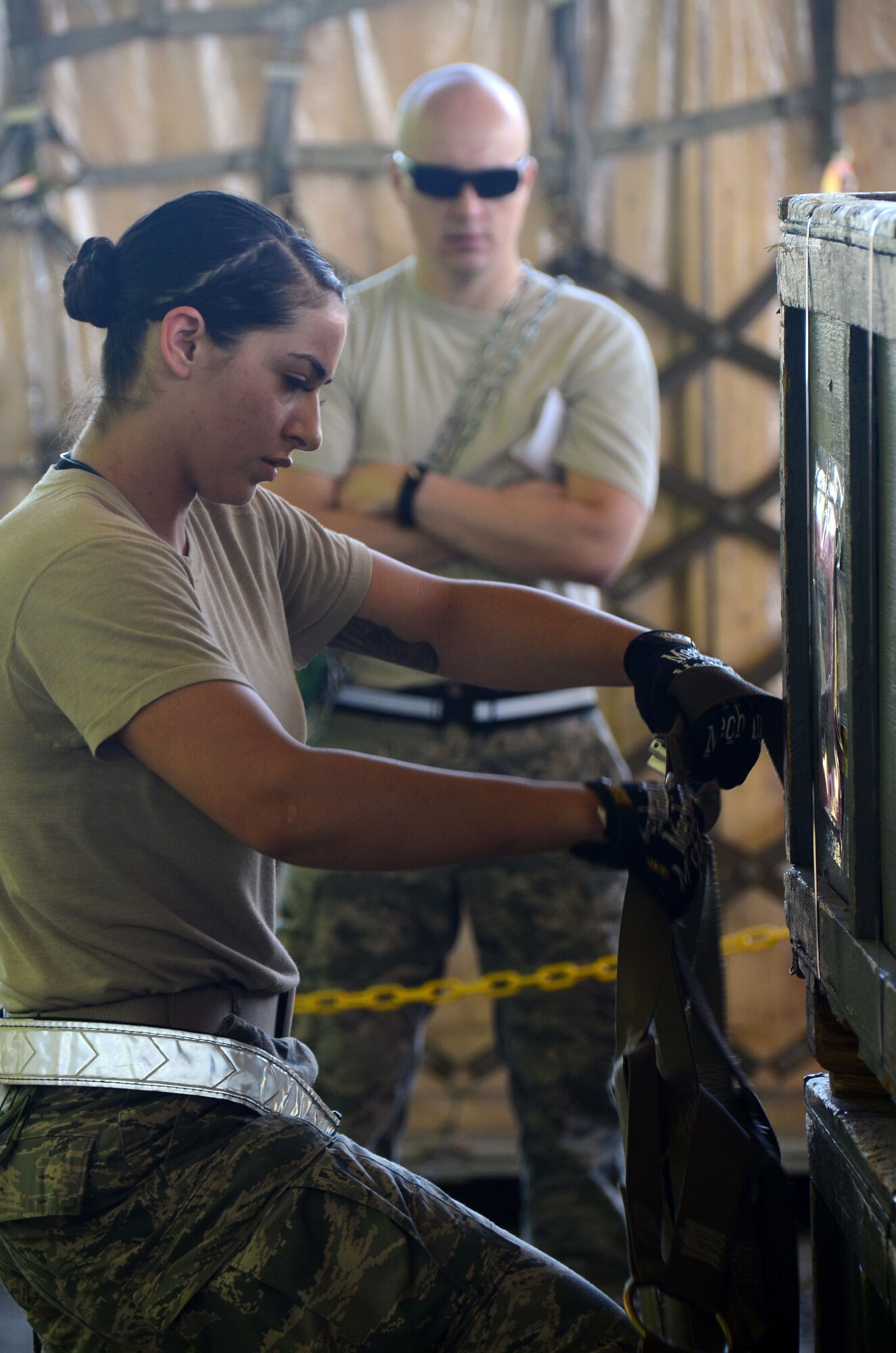 Members from different aerial port squadrons in the Air Force Reserve Command compete in the Port Dawg Challenge at Dobbins Air Reserve Base, Georgia, April 25-27, 2017. The challenge included cargo transport and many obstacle course-style challenges to encourage teamwork and promote real-time training. (U.S. Air Force photo/ Don Peek)
