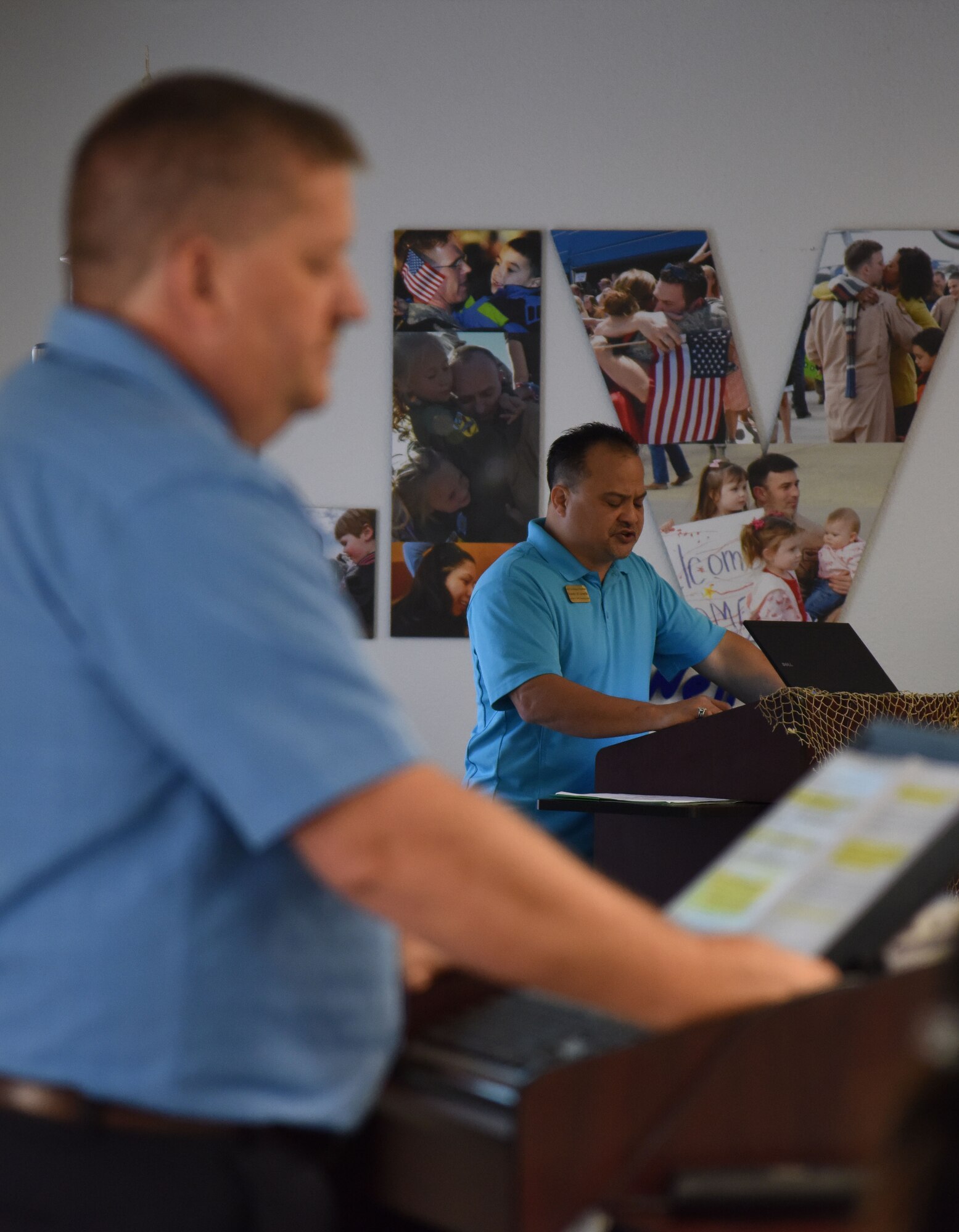 John Lowe, 81st FSS community readiness consultant, and Ernesto Alvendia, 81st Force Support Squadron community readiness specialist, serve as the master of ceremonies during the Annual Volunteer Recognition Ceremony in the Sablich Center April 27, 2017, on Keesler Air Force Base, Miss. The event recognized Keesler personnel, family member and retiree volunteers for their volunteer service in 2016. (U.S. Air Force photo by Kemberly Groue)