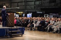 Lt. Gen. John F. Thompson, outgoing Air Force Life Cycle Management Center commander, delivers his farewell remarks during a change of command ceremony in the National Museum of the United States Air Force at Wright-Patterson Air Force Base, Ohio, May, 2, 2017. Thompson relinquished command to Lt. Gen. Robert D. McMurry Jr. (U.S. Air Force photo/Wesley Farnsworth)