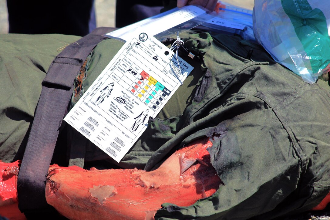 Aircraft Rescue and Fire Fighting (ARFF) uses the triage sytem to tag the four simulated Marine casualties.

Red (Priority 1) is classified as serious, but a salvageable life threatening injury This includes victims with life-threatening injuries such as severe head injuries, burns, external/internal bleeding, heart attack, breathing-impairment or internal injuries.

Yellow (Priority) is classified as moderate to serious injury or not immediately life-threatening. Victims have potentially serious injuries such as fractures.
Green (Priority 3) Are classified as the walking-wounded or victims who do not appear seriously injured, which usually means delayed treatment/transportation
Black is classified as deceased. Within this Full-Scale Exercise there were no black tags.