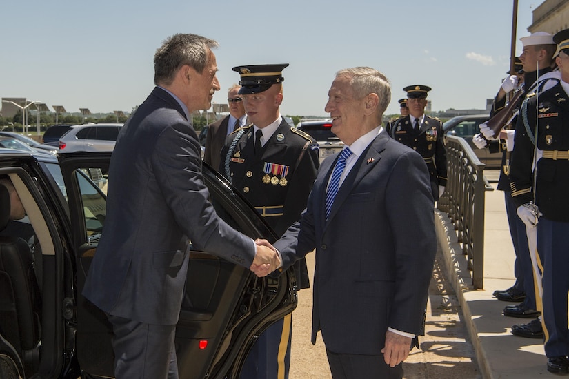 Defense Secretary Jim Mattis shakes hands with Czech Republic Defense Minister Martin Stropnicky before an honor guard ceremony at the Pentagon, May 2, 2017. The two defense leaders met to discuss matters of mutual importance. DoD photo by Army Sgt. Amber I. Smith