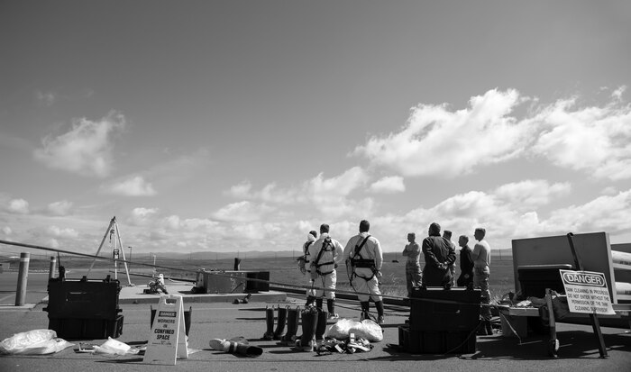 Members of the 9th Civil Engineer Squadron water and fuels maintenance section go through a safety inspection before beginning confined space entry training at Beale Air Force Base, California, April 27, 2017. Confined space training is performed on the installation  throughout the year to ensure proficiency of team members. (U.S. Air Force photo by Airman 1st Class Justin Parsons/Released)
