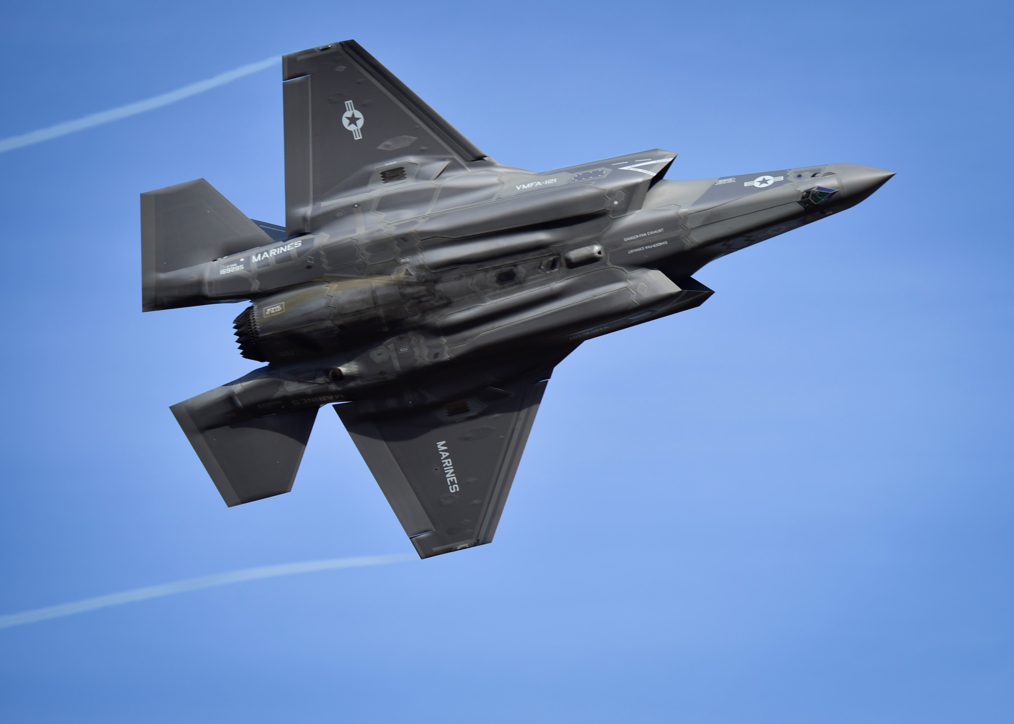 A U.S. Marine Corps F-35 Lighting II attached to Marine Fighter Attack Squadron 121 from Marine Corps Air Station Iwakuni, Japan, takes off for a training mission during Northern Edge, May 2, 2017. Northern Edge 2017 is Alaska's premiere joint-training exercise designed to practice operations, techniques, and procedures as well as enhance interoperability among the services. Thousands of participants from all the services; Airmen, Soldiers, Sailors, Marines, and Coast Guard personnel from active duty, Reserve and National Guard units, are involved. 