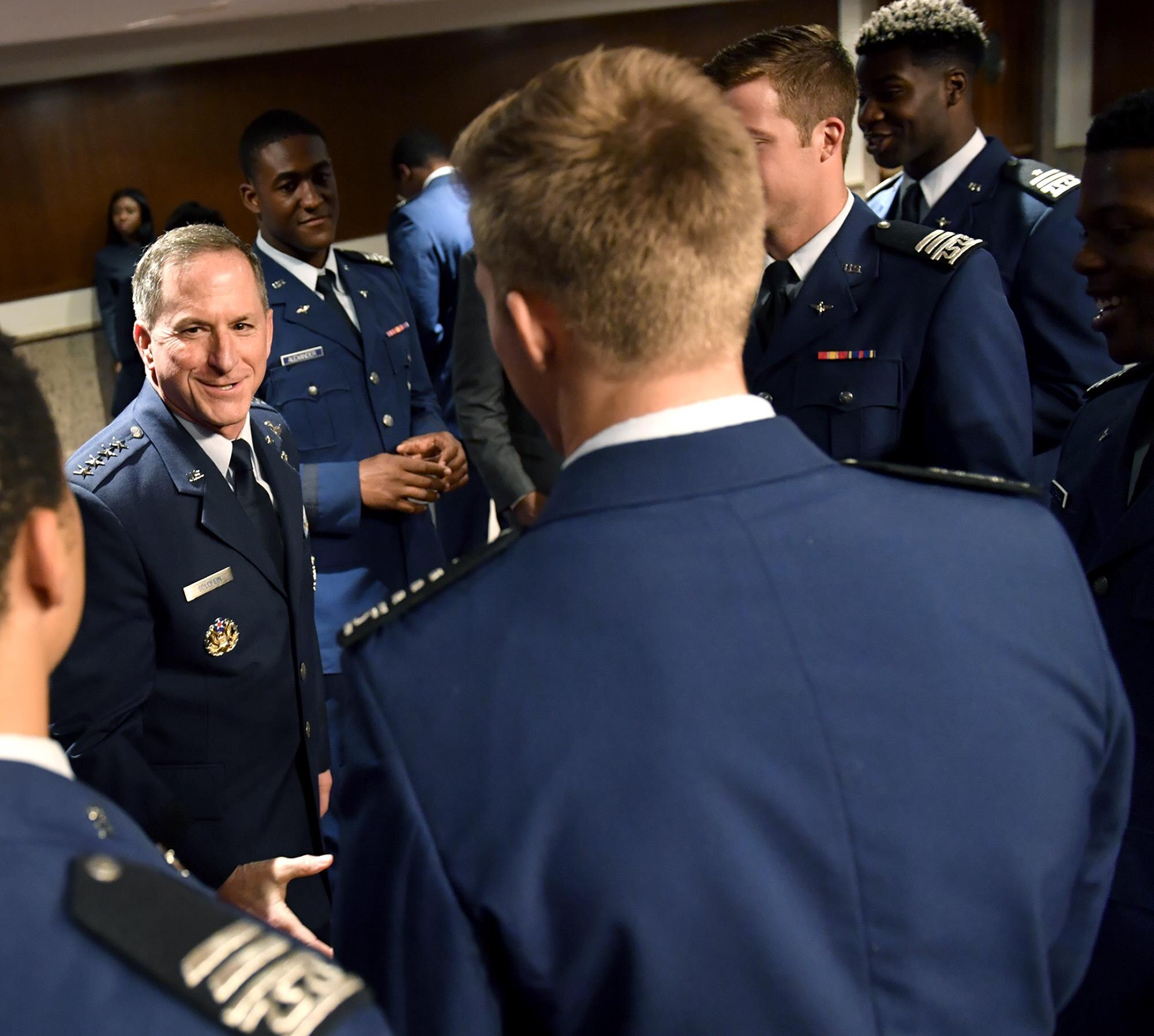 Air Force Chief of Staff Gen. David L. Goldfein talks with members of the U.S. Air Force Academy football team during the Commander in Chief’s Trophy Congressional social at the Dirkson Senate Office Building in Washington, D.C., May 1, 2017. (U.S. Air Force photo/Wayne A. Clark)