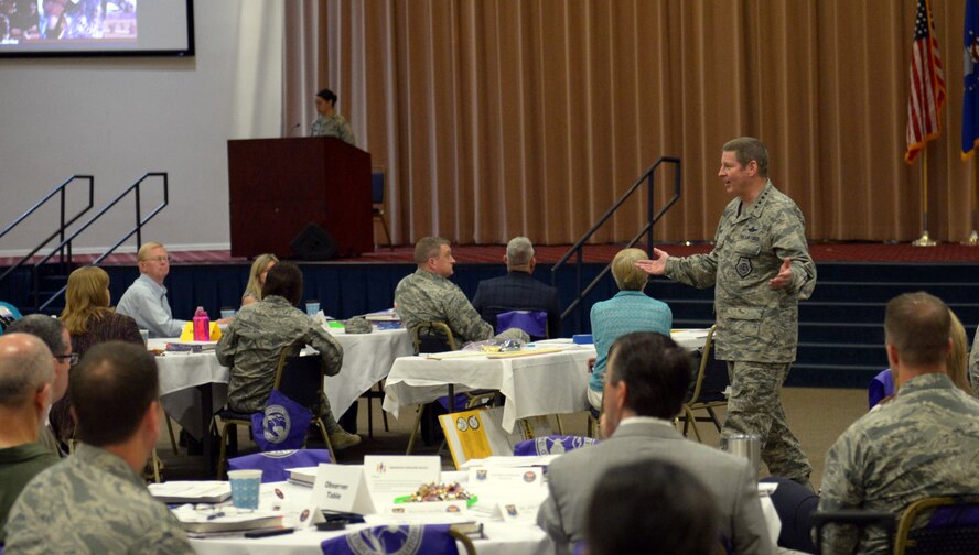Gen. Robin Rand, Air Force Global Strike Command commander, addresses participants of an AFGSC education convening at Barksdale Air Force Base, La., April 26, 2017. Participants hope to create an environment throughout the command that facilitates consistent, academic-driven schooling experiences. (U.S. Air Force photo/Senior Airman Curt Beach)