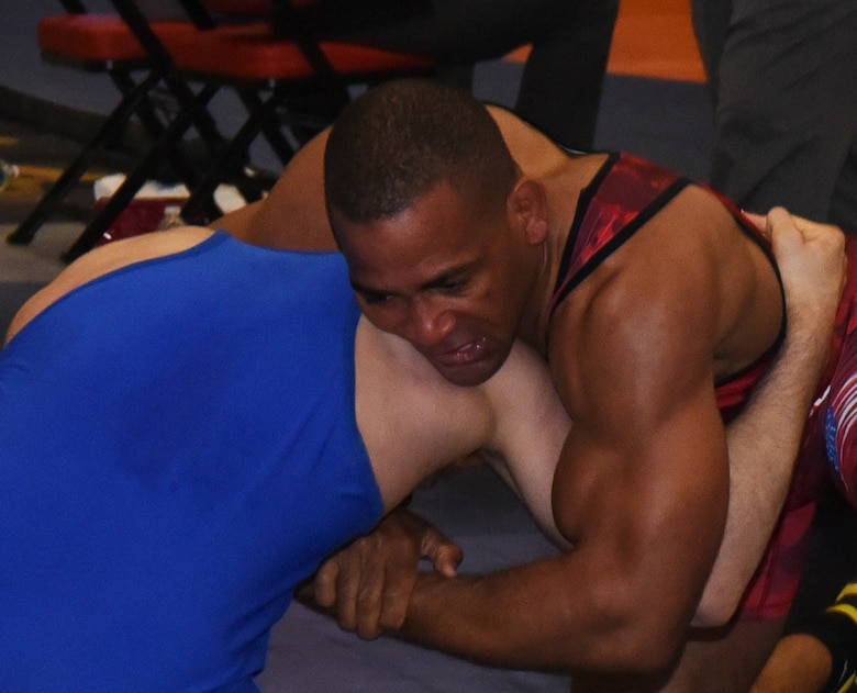 Sherwin Severin, Air Force Wrestling team member, maintains control over his opponent during the Senior Greco-Roman World team trials in Las Vegas, Nev., April 29, 2017. Severin qualified to represent the U.S. Air Force at the competition. He is stationed at F.E. Warren Air Force Base, Wyo. (U.S. Air Force photo by Airman 1st Class Breanna Carter)