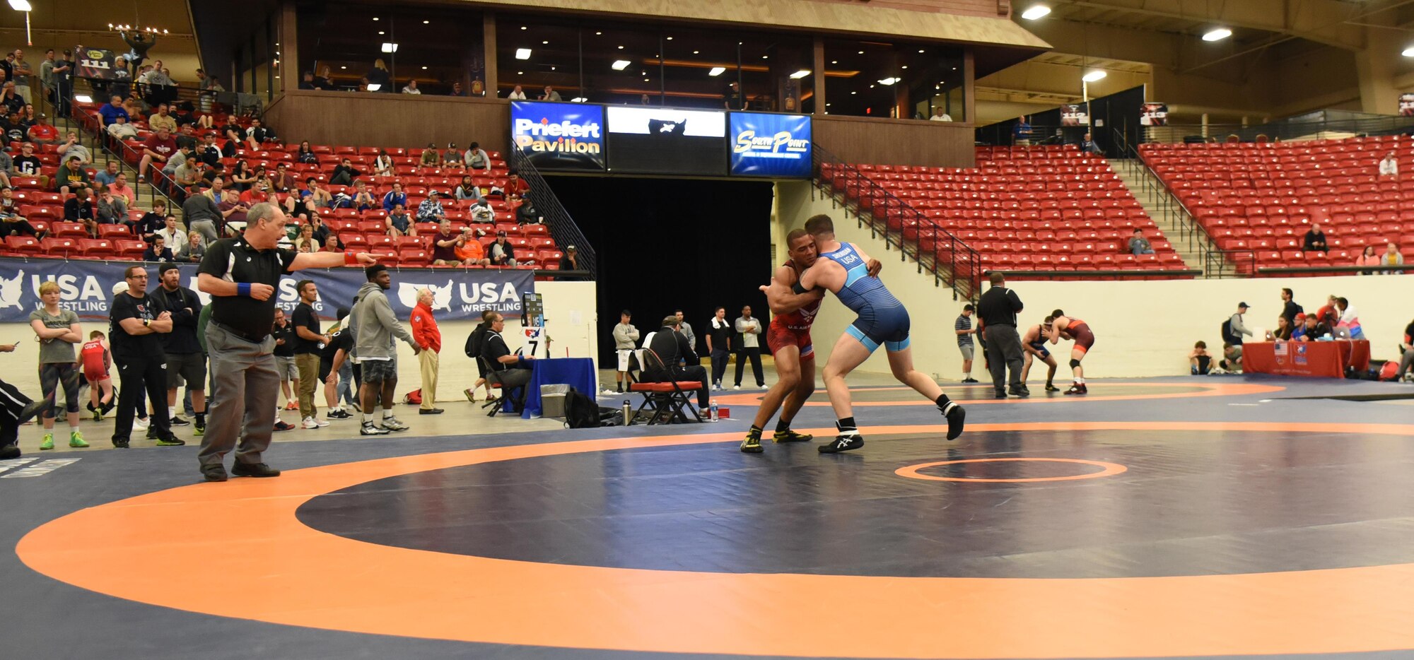 Sherwin Severin, Air Force Wrestling team member, fights for control over his opponent during the Senior Greco-Roman World team trials in Las Vegas, Nev., April 29, 2017. Severin has wrestled on the Air Force team for eight years. He is stationed at F.E. Warren Air Force Base, Wyo. (U.S. Air Force photo by Airman 1st Class Breanna Carter)