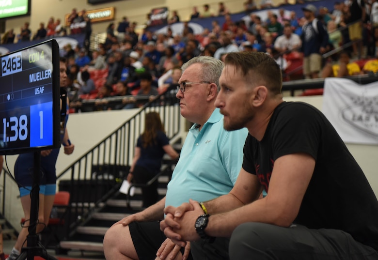 Floyd Winters, Air Force wrestling head coach, watches a wrestling match during the Senior Greco-Roman World team trials in Las Vegas, Nev., April 29, 2017. Winters has been a member of the USA National coaching staff for more than 25 years. (U.S. Air Force photo by Airman 1st Class Breanna Carter)