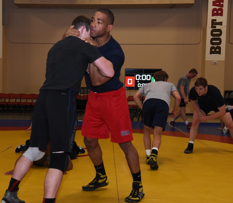 Sherwin Severin, Air Force Wrestling team member, practices with a teammate before the Senior Greco-Roman World team trials in Las Vegas, Nev., April 29, 2017. Severin wrestles in the 85 kilogram weight class. He is stationed at F.E. Warren Air Force Base, Wyo. (U.S. Air Force photo by Airman 1st Class Breanna Carter)