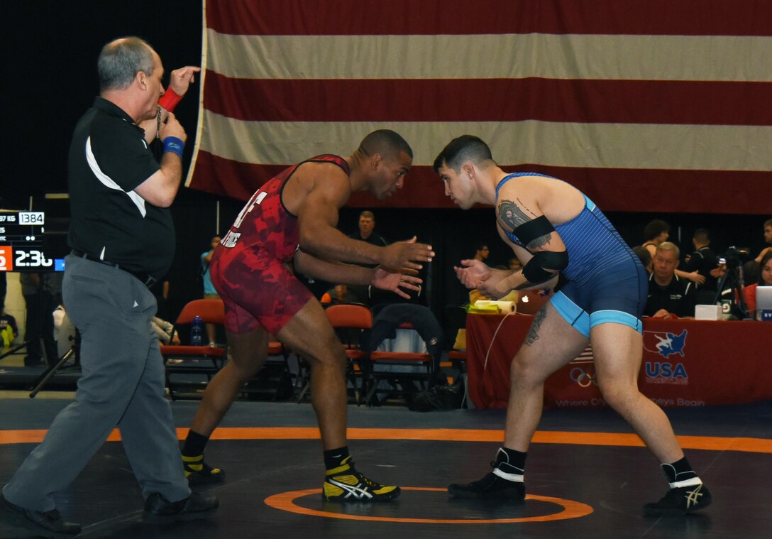 Sherwin Severin, Air Force Wrestling team member, stares down his opponent during the Senior Greco-Roman World team trials in Las Vegas, Nev., April 29, 2017. Severin made it the tournament after qualifying at the Armed Forces Wrestling Championship. He is stationed at F.E. Warren Air Force Base, Wyo. (U.S. Air Force photo by Airman 1st Class Breanna Carter)