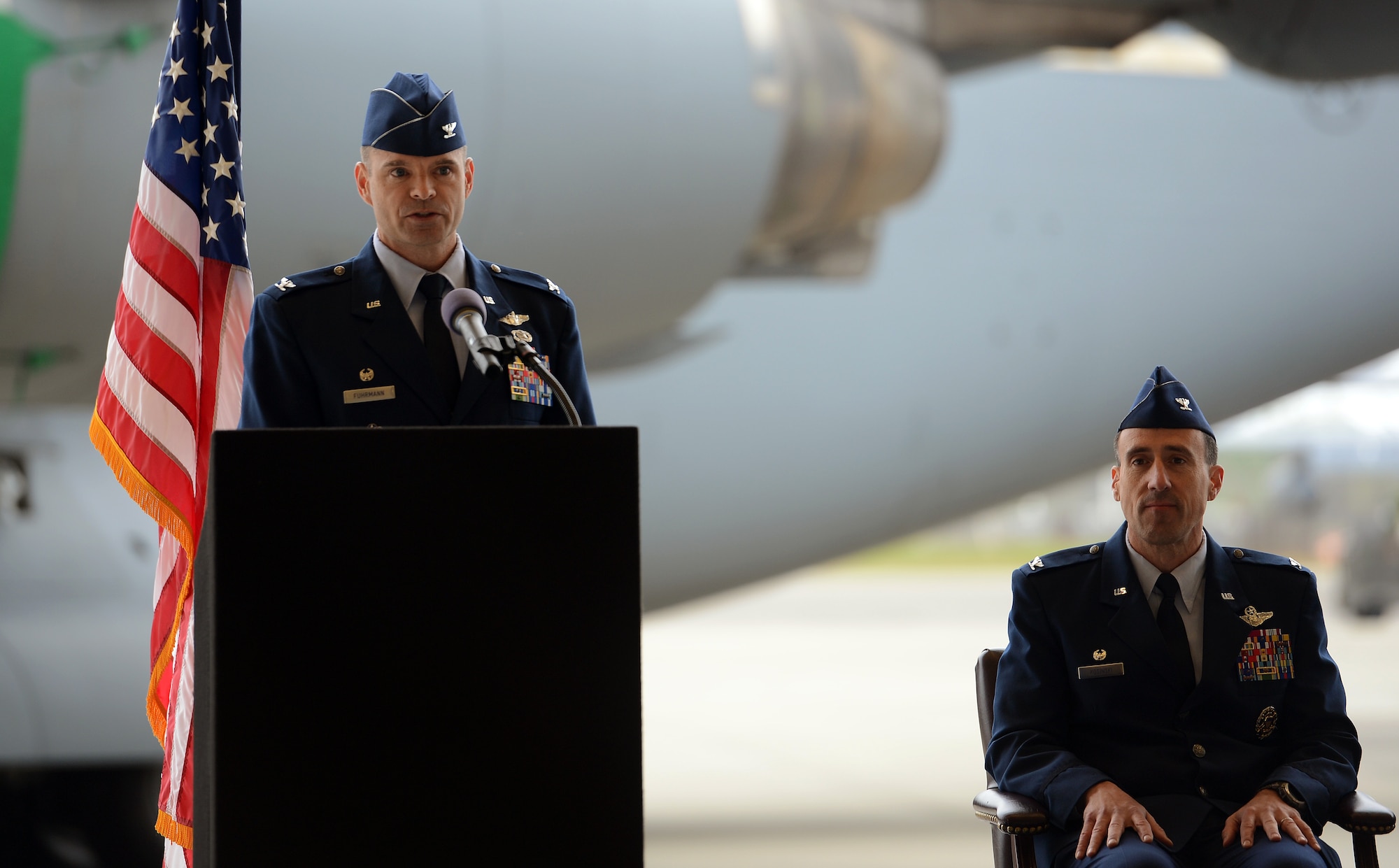 Col. Mark Fuhrmann (left), 62nd Operations Group commander, thanks attendees at the 62nd OG change of command ceremony after taking command May 1, 2017, at Joint Base Lewis-McChord, Wash. A rated command pilot, Fuhrmann holds more than 3,200 flight hours in the T-37, T1-A, C-141B Starlifter and C-17 Globemaster III aircraft. (U.S. Air Force photo/Senior Airman Jacob Jimenez) 