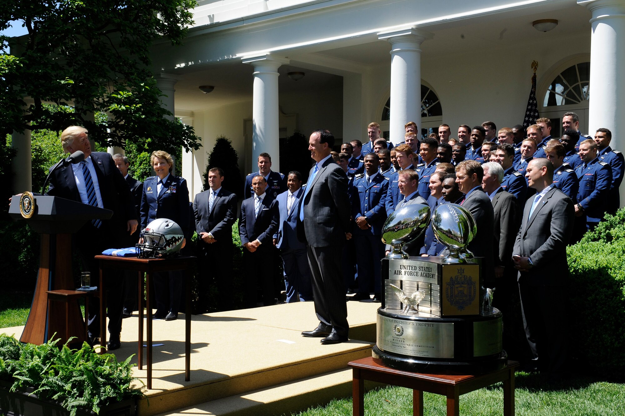President Donald Trump congratulates the U.S. Air Force Academy football team with the Commander in Chief's Trophy at the White House May 2, 2017. With the team were Lt. Gen. Michelle D. Johnson, the U.S. Air Force Academy superintendent; Acting Secretary of the Air Force Lisa S. Disbrow; and Air Force Chief of Staff Gen. David L. Goldfein. (U.S. Air Force photo/Staff Sgt. Jannelle McRae)