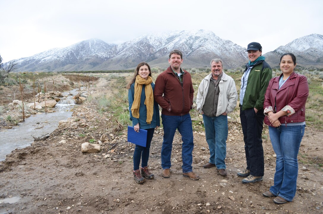 Interagency representatives tour Skull Valley Reservation floodplains during an outreach event held on the reservation in Tooele County, Utah by the U.S. Army Corps of Engineers Sacramento District in April. From left: Sacramento District’s Patricia Fontanet and Hunter Merritt; Scott Roscoe, FEMA; Alisa Meyer, Shambip Conservation District; and Skull Valley Band of Goshute Tribe Chairwoman Candace Bear.
