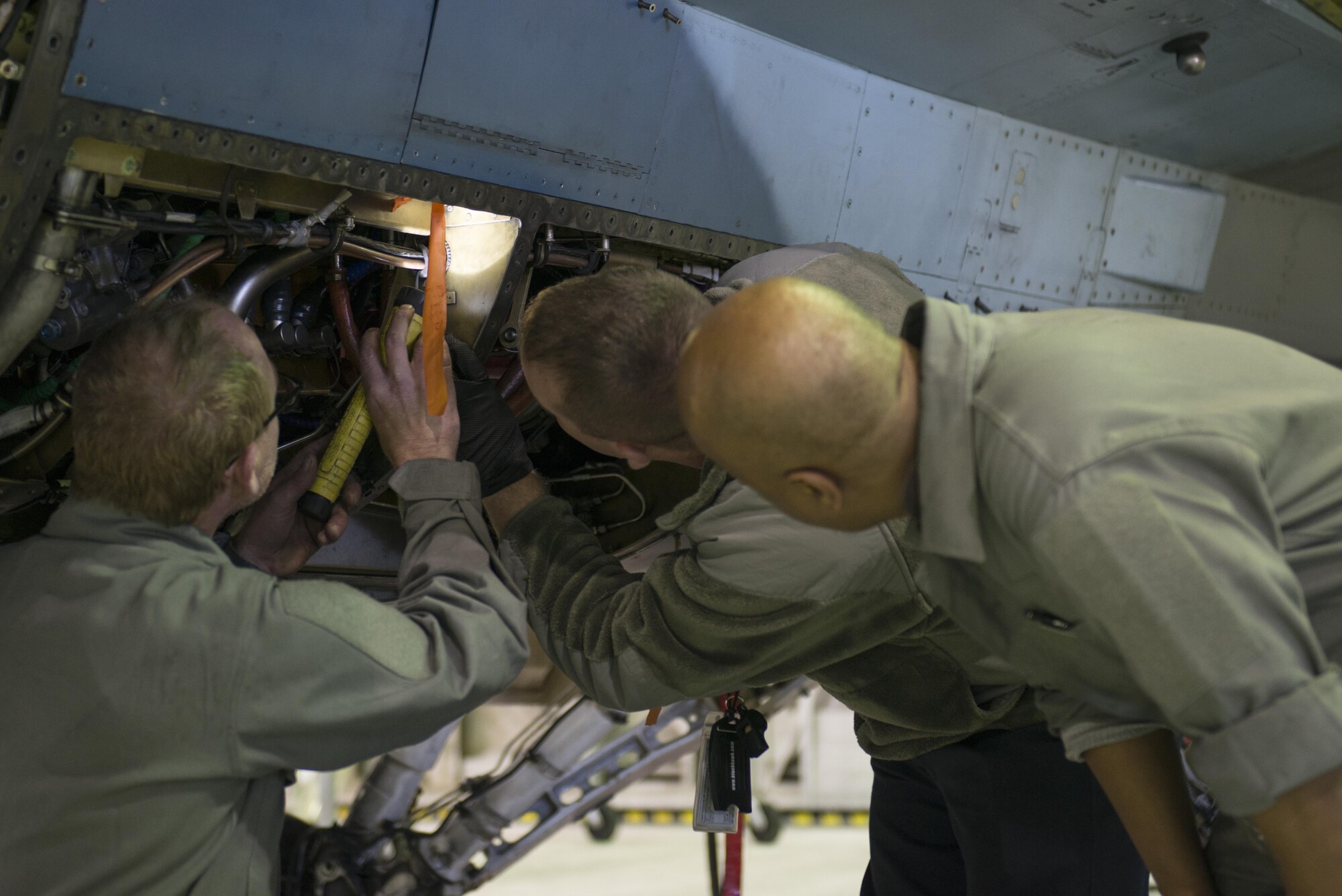 EIELSON AIR FORCE BASE, Alaska – U.S. Air Force Airmen assigned to the 354th Maintenance Squadron inspect an F-16 Fighting Falcon from the 18th Aggressor Squadron during NORTHERN EDGE 2017 (NE17), May 2, 2017, at Eielson Air Force Base, Alaska. NE17 is Alaska’s premier joint training exercise designed to practice operations, techniques and procedures as well as enhance interoperability among the services. Thousands of participants from all the services, Airmen, Soldiers, Sailors, Marines and Coast Guardsmen from active duty, Reserve and National Guard units are involved. (U.S. Air Force photo/Staff Sgt. Ashley Nicole Taylor)