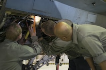 EIELSON AIR FORCE BASE, Alaska – U.S. Air Force Airmen assigned to the 354th Maintenance Squadron inspect an F-16 Fighting Falcon from the 18th Aggressor Squadron during NORTHERN EDGE 2017 (NE17), May 2, 2017, at Eielson Air Force Base, Alaska. NE17 is Alaska’s premier joint training exercise designed to practice operations, techniques and procedures as well as enhance interoperability among the services. Thousands of participants from all the services, Airmen, Soldiers, Sailors, Marines and Coast Guardsmen from active duty, Reserve and National Guard units are involved. (U.S. Air Force photo/Staff Sgt. Ashley Nicole Taylor)