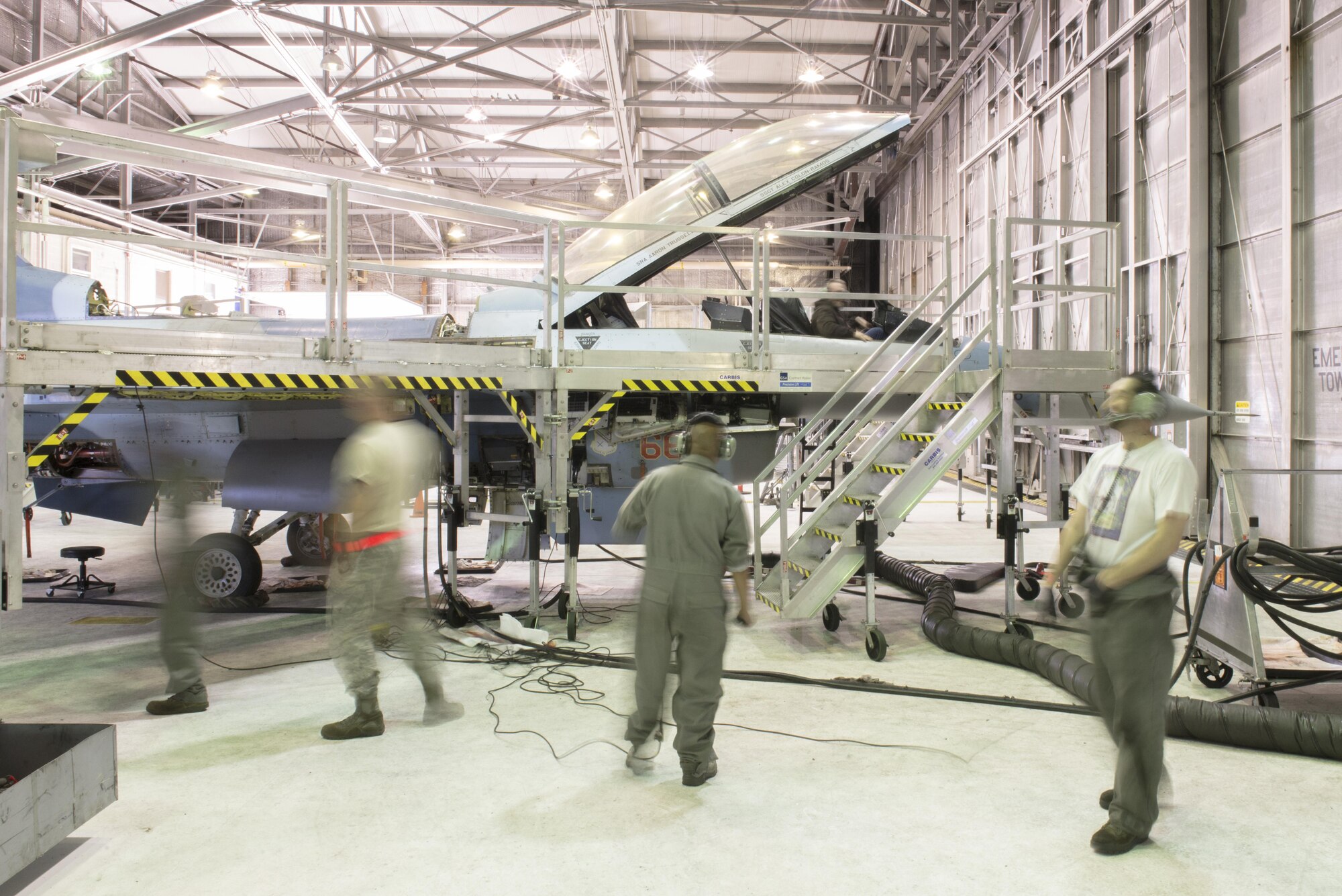 EIELSON AIR FORCE BASE, Alaska – U.S. Air Force Airmen assigned to the 354th Maintenance Squadron perform an operations check on an F-16 Fighting Falcon from the 18th Aggressor Squadron during NORTHERN EDGE 2017 (NE17), May 2, 2017, at Eielson Air Force Base, Alaska. NE17 is Alaska’s premier joint training exercise designed to practice operations, techniques and procedures as well as enhance interoperability among the services. Thousands of participants from all the services, Airmen, Soldiers, Sailors, Marines and Coast Guardsmen from active duty, Reserve and National Guard units are involved. (U.S. Air Force photo/Staff Sgt. Ashley Nicole Taylor)