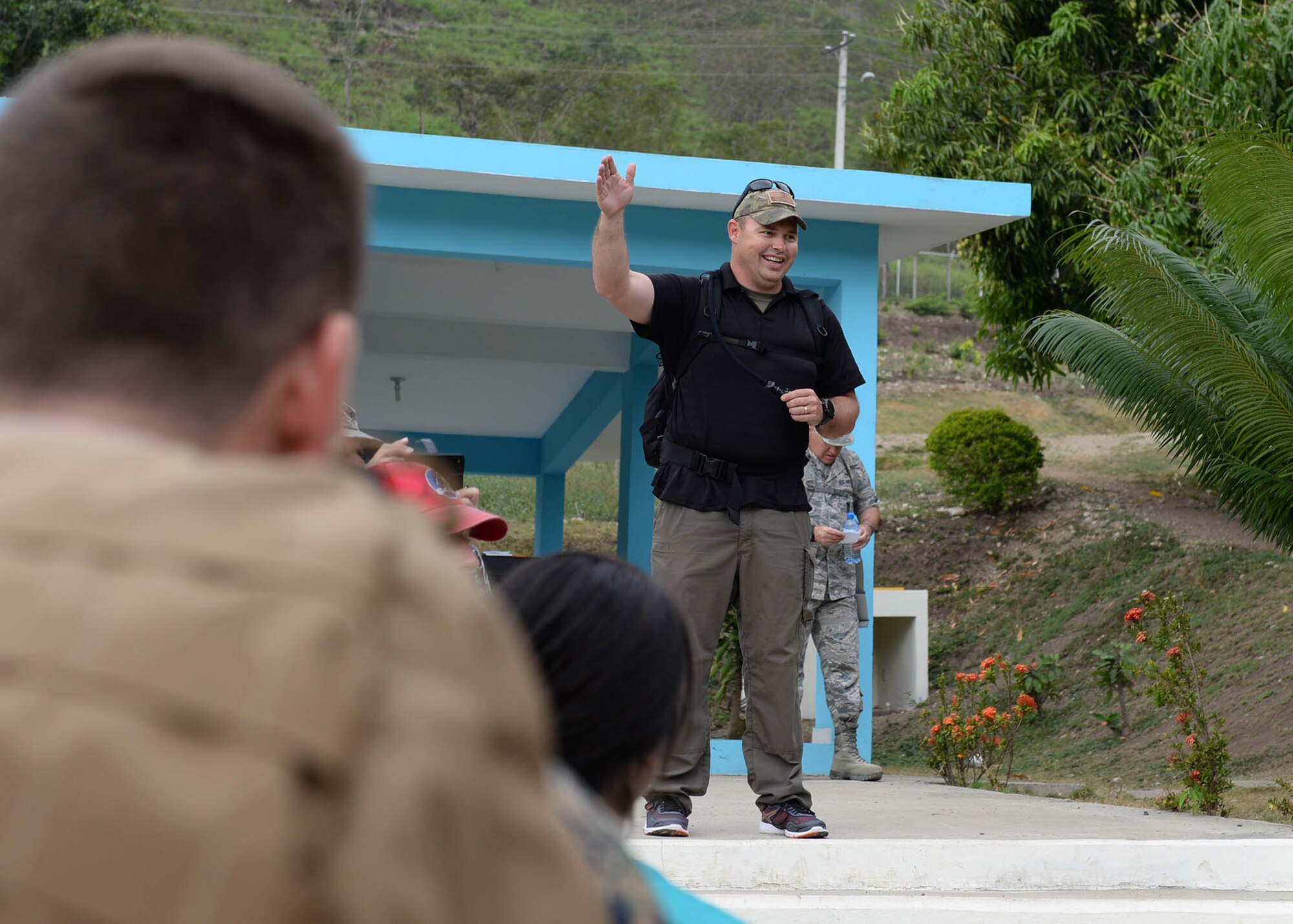 U.S. Air Force Master Sgt. Chester Gamble, the 346th Air Expeditionary Group first sergeant, speaks to service members prior to the Sexual Assault Prevention and Response 5K Ruck March in Arroyo Cano, Dominican Republic, April 9, 2017. Sexual Assault Awareness and Prevention Month is recognized in April by both civilian and military communities. (U.S. Air Force photo by Staff Sgt. Timothy M. Young)