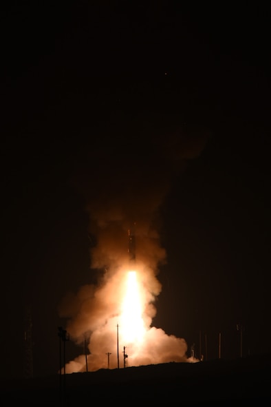 An unarmed Minuteman III intercontinental ballistic missile launches during an operational test at 12:02 a.m. Pacific Daylight Time Wednesday, May 3, 2017, at Vandenberg Air Force Base, Calif. (U.S. Air Force photo by Michael Peterson)