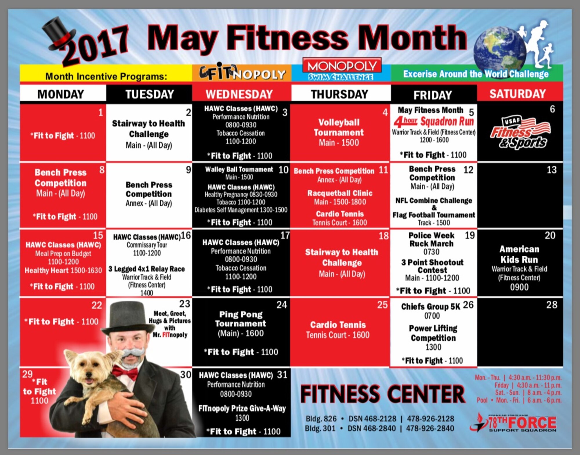 May is fitness month, and Team Robins has an opportunity to participate by playing “FITnopoly,” a game similar to the classic Monopoly, where patrons earn tickets for completing certain fitness challenges in hopes of earning big and small prizes. (U.S. Air Force graphic by Kenya James)