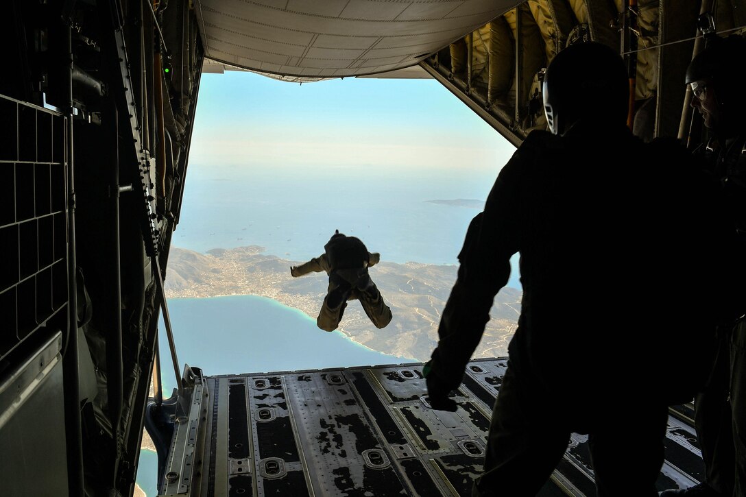 A Greek paratrooper conducts a military free-fall jump from an Air Force C-130J Super Hercules during Exercise Stolen Cerberus IV above Megara, Greece, April 27, 2017. Air Force photo by Senior Airman Tryphena Mayhugh