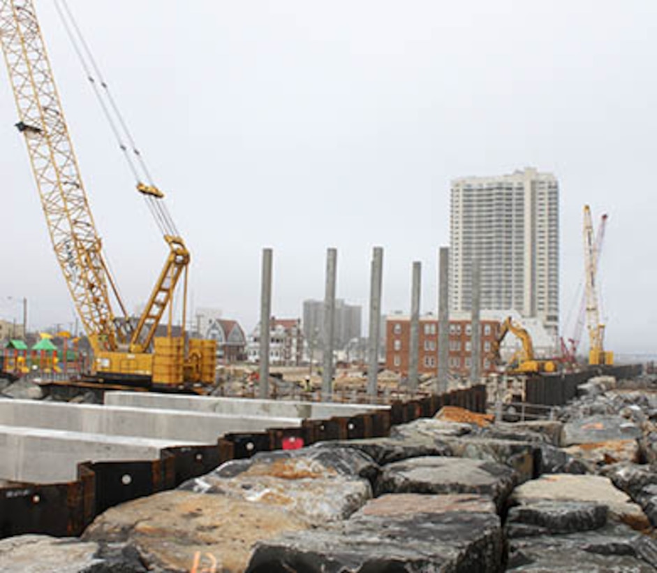 The U.S. Army Corps of Engineers' Philadelphia District and its contractor are building two sections of a seawall and rebuilding portions of the Atlantic City boardwalk along the Absecon Inlet. Work is designed to reduce damages from coastal storms. 