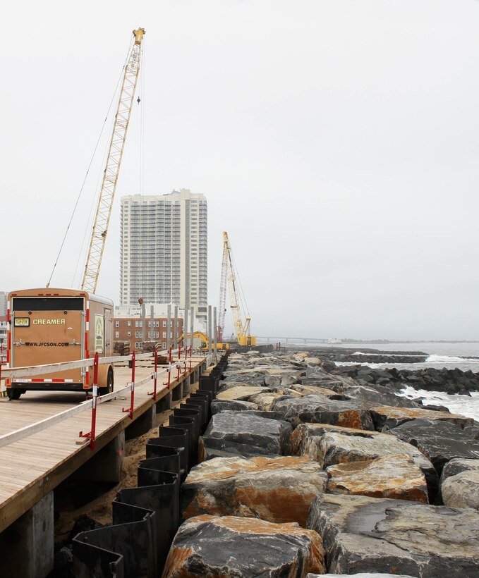 The U.S. Army Corps of Engineers' Philadelphia District and its contractor are building two sections of a seawall and rebuilding portions of the Atlantic City boardwalk along the Absecon Inlet. Work is designed to reduce damages from coastal storms. 