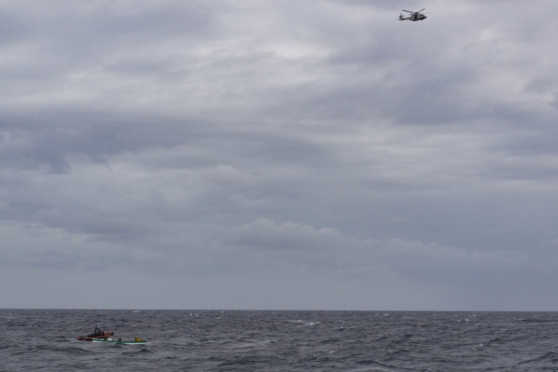 CARIBBEAN SEA (April 19, 2017) - U.S. Coast Guard Law Enforcement (LEDET) personnel embarked on the Cyclone-class patrol coastal ship USS Zephyr (PC 8) board a panga carrying 750 kilograms of cocaine. Zephyr is currently underway in support of Operation Martillo, a joint operation with the U.S. Coast Guard and partner nations, within the U.S. 4th Fleet area of operations. (U.S. Navy photo by Mass Communication Specialist 3rd Class Casey J. Hopkins/Released)