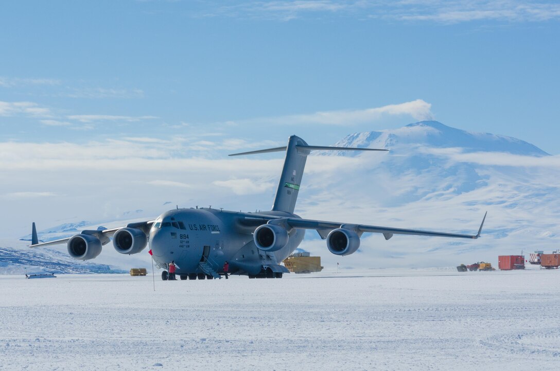 An Air Force C-17 Globemaster III assigned to the 62nd Airlift Wing at Joint Base Lewis-McChord, Wash., lands at McMurdo Station in Antarctica for a resupply mission, Feb. 5, 2017. The wing, part of the Air Mobility Command, is tasked with supporting worldwide combat and humanitarian airlift contingencies. North Carolina Air National Guard photo by Tech. Sgt. Jesse Huneycutt