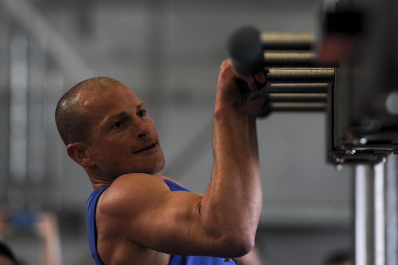 Brent Steffensen, the managing partner of Alpha Warrior, moves through an obstacle at the Alpha Warrior Battle Rig competition at Hurlburt Field, Fla., April 29, 2017. Steffensen is a veteran of the television competition show American Ninja Warrior. Steffensen is most known for becoming the first American to finish the Ultimate Cliffhanger in the third stage of the Las Vegas finals. (U.S. Air Force photo by Airman 1st Class Dennis Spain)