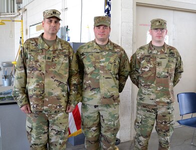 Capt. Michael Massey, the outgoing 257th Transportation Company (CBT HET) commander, Maj. Leopold Karanikolas, 314th Combat Sustainment Support Battalion commander, and 1st Lt. Anthony Lafleur, a Reno, Nevada native and 257th TC incoming commander, were in attendance at the Las Vegas U.S. Army Reserve Center on the Nellis Air Force Base April 23. The 257th Transportation Company (CBT HET) mission is to move to area of operations to relocate heavy maneuver forces on the battlefield and provide heavy equipment transportation for operational and tactical relocation.