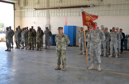 First Lt. Anthony Lafleur, a Reno, Nevada native, assumed command of the 257th Transportation Company (CBT HET) from Capt. Michael Massey, at the Las Vegas U.S. Army Reserve Center on the Nellis Air Force Base April 23, where Maj. Leopold Karanikolas, 314th Combat Sustainment Support Battalion commander, was present to transfer the unit colors to Lafleur from Massey who has led the unit for three years. The unit stood at attention during the ceremony.