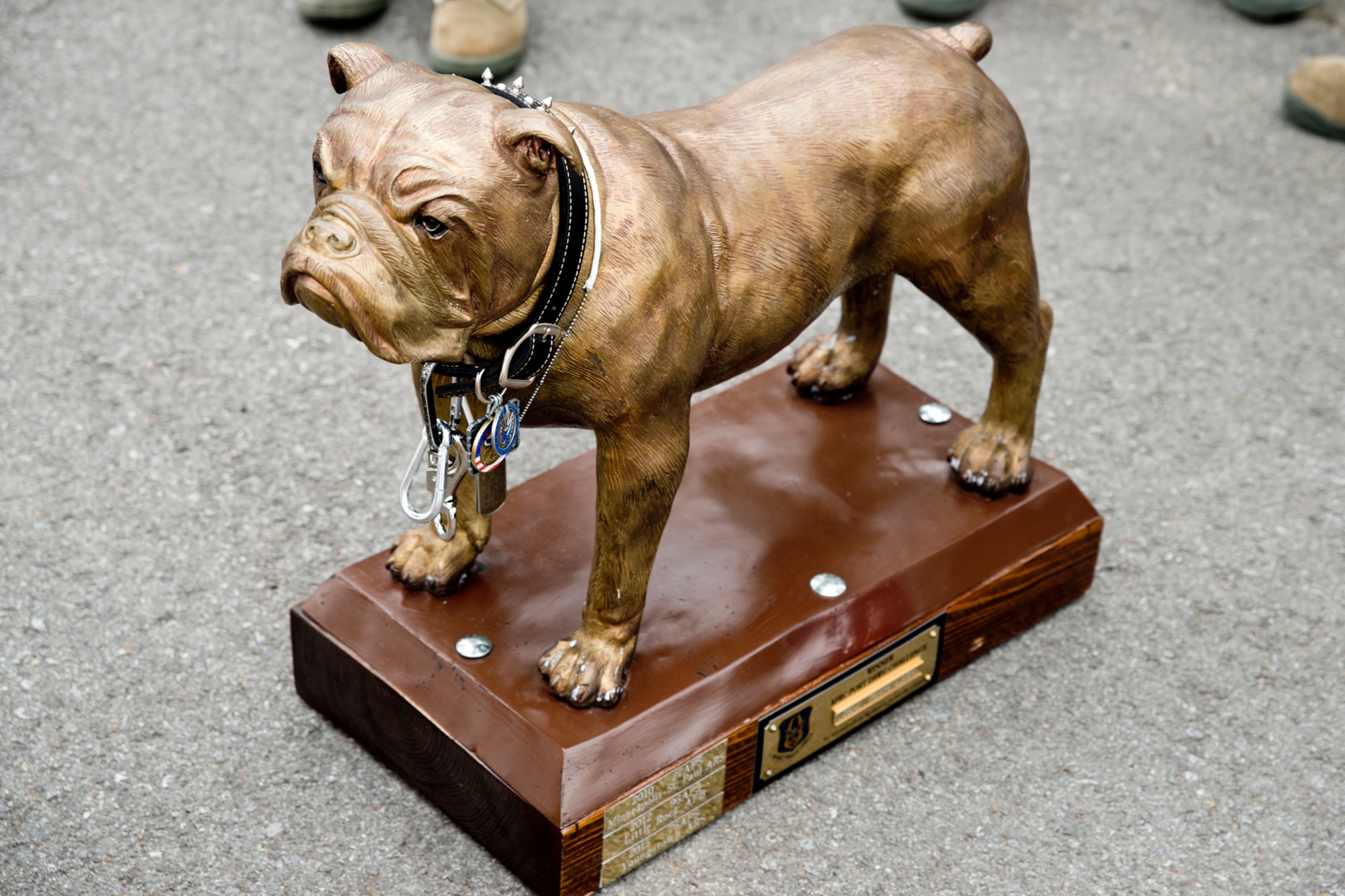 The "Top Dawg" trophy awaits transport to its new home at Little Rock Air Force Base, Ark., April 28, 2017. The trophy, a full-size bronze sculpture of a bulldog, was awarded to the 96th Aerial Port Squadron during the 2017 Air Force Reserve Command Port Dawg Challenge at Dobbins Air Reserve Base, Ga., April 25-27. The 96th APS is the first unit to win the overall competition twice since it began in 2010. (U.S. Air Force photo by Master Sgt. Jeff Walston/Released)