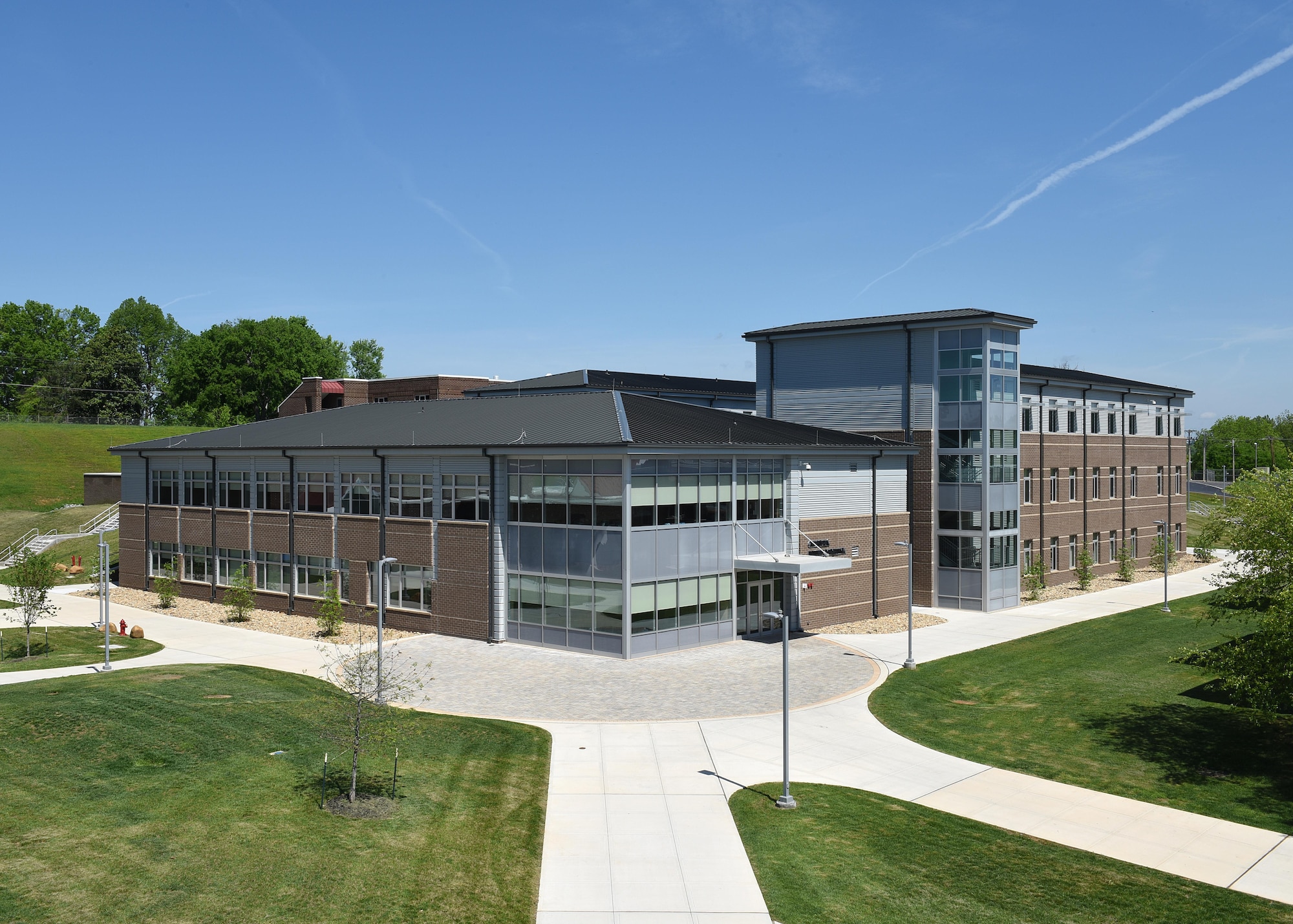 The Air National Guard's I.G. Brown Training and Education Center mixed-use facility, Buildings 418, 414A-B, is a 46,871 square foot classroom and dormitory facility for training and education at McGhee Tyson Air National Guard Base in east Tennessee. The facility was constructed from August 2014 to January 2017. The facility offers free Wi-Fi throughout. There are 97 single occupancy dorm rooms. There are six 31-person classrooms and two 148-person combined classrooms, dividable into three smaller classrooms of 64, 41, and 43, or of those combinations. (U.S. Air National Guard photo by Master Sgt. Mike R. Smith)