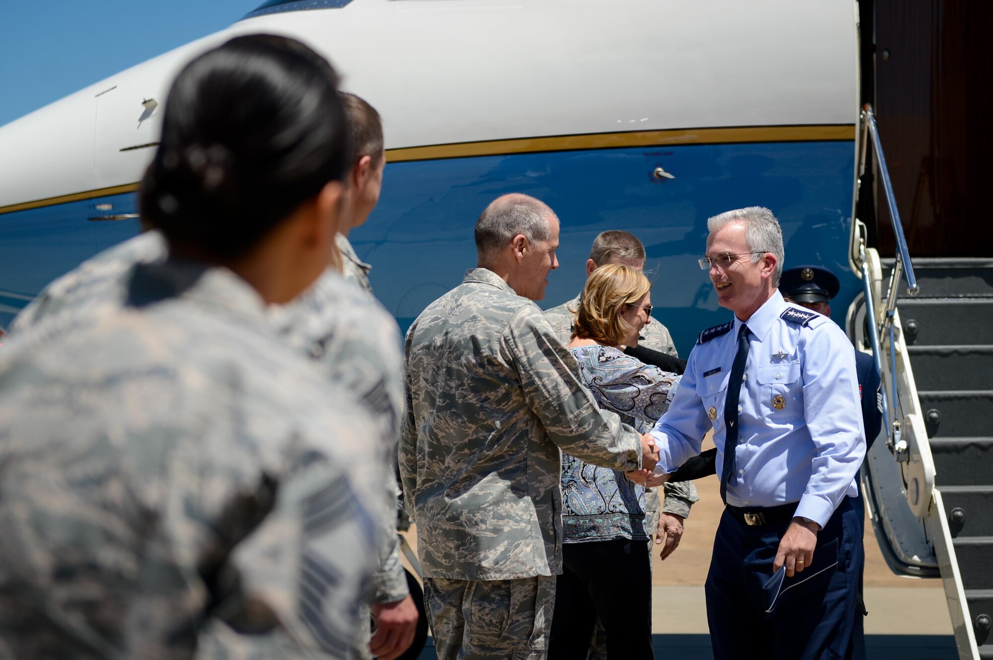 Gen. Robin Rand, commander of Air Force Global Strike Command, and Maj. Gen. Thomas Bussiere, Eighth Air Force commander, greet Gen. Paul J. Selva, vice chairman of the Joint Chiefs of Staff, upon arrival at Barksdale Air Force Base, La., May 1, 2017. Selva’s visit to Barksdale was part of a nuclear enterprise immersion tour. Barksdale’s senior leaders discussed with Selva the role Barksdale plays in the nuclear enterprise and in the U.S. deterrence mission, and shared recent accomplishments of units at Barksdale and within Global Strike.. (U.S. Air Force photo/Senior Airman Mozer O. Da Cunha)