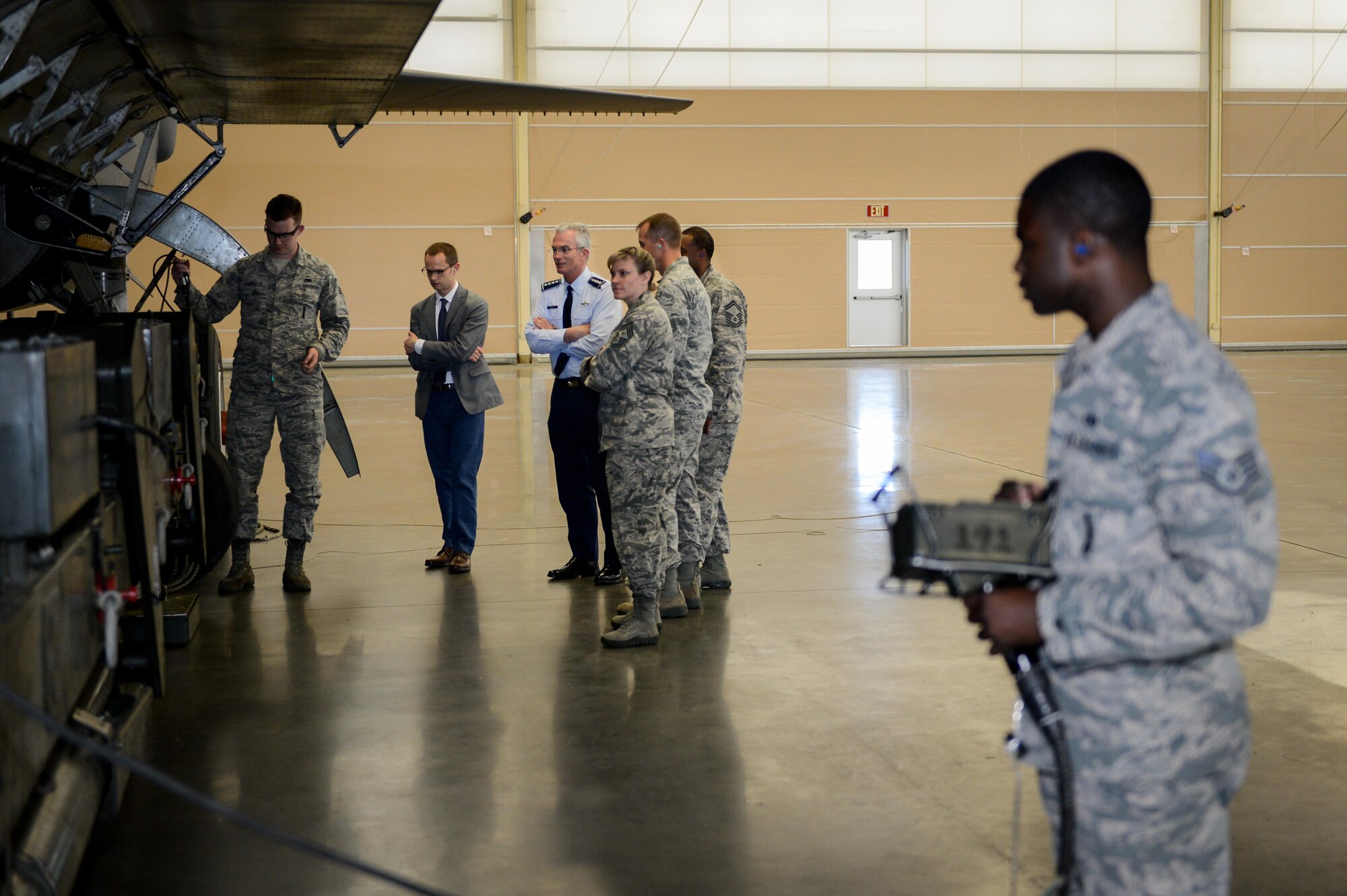 Gen. Paul J. Selva, vice chairman of the Joint Chiefs of Staff, observes a munitions loading demonstration during a nuclear enterprise immersion tour at Barksdale Air Force Base, La., May 1, 2017. A weapons load crew team of four Airmen demonstrated the steps required to load munitions in to a B-52 Stratofortress. During the tour Selva met with senior leadership to discuss the importance of the nuclear enterprise and thank the Airmen at Barksdale for the role they play in the U.S. deterrence mission.  (U.S. Air Force photo/Senior Airman Mozer O. Da Cunha)
