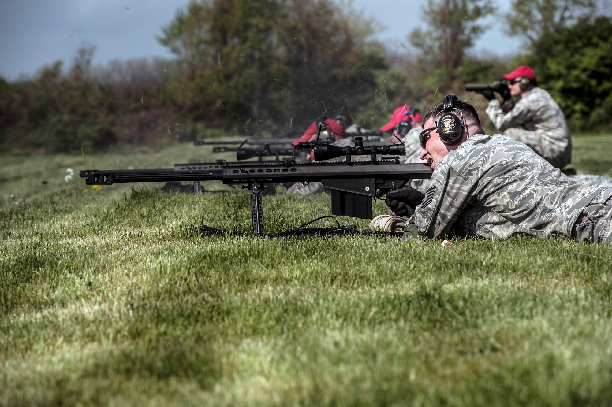 Combat arms instructors from the 434th Security Forces Squadron and the 934th SFS fire M107 anti-materiel rifles at Camp Atterbury-Muscatatuck, Ind., April 19, 2017. The 934th SFS from Minneapolis-St. Paul Air Reserve Station joined Grissom Airmen to conduct joint weapons training as part of their annual qualifications. (U.S. Air Force photo/Senior Airman Harrison Withrow)
