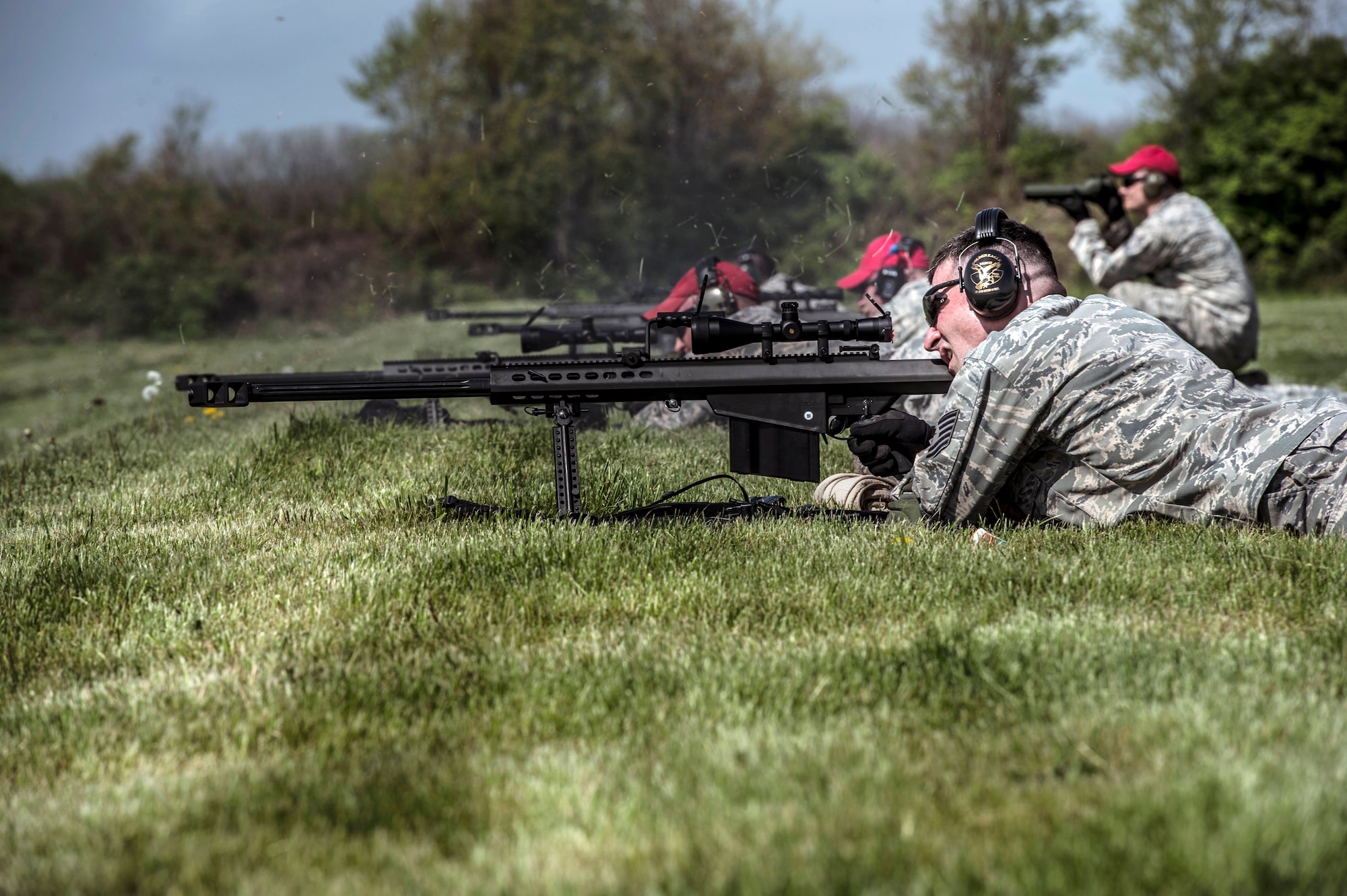 Combat arms instructors from the 434th Security Forces Squadron and the 934th SFS fire M107 anti-materiel rifles at Camp Atterbury-Muscatatuck, Ind., April 19, 2017. The 934th SFS from Minneapolis-St. Paul Air Reserve Station joined Grissom Airmen to conduct joint weapons training as part of their annual qualifications. (U.S. Air Force photo/Senior Airman Harrison Withrow)
