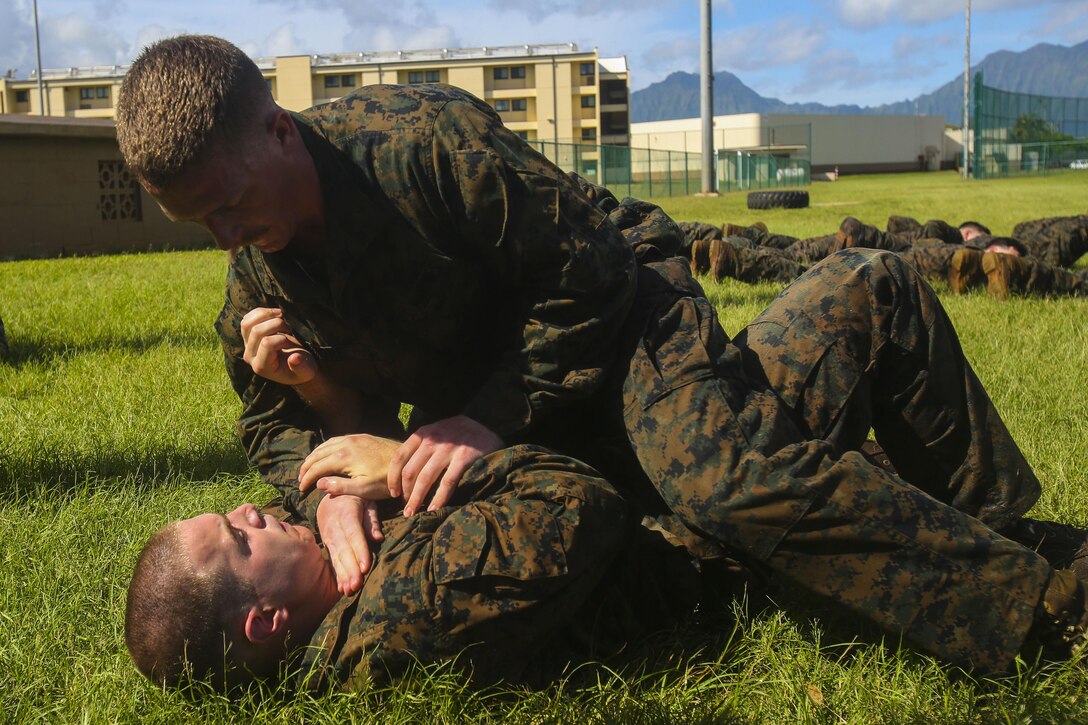 Marine Corps Sgts. Elliot Moore and Michael Blazer grapple during a martial arts instructor course at Marine Corps Base Hawaii, May 1, 2017. Marine Corps photo by Cpl. Zachary Orr