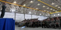 Gen. Mike Holmes, commander of Air Combat Command, speaks to the Airmen of the 432nd Wing/432nd Air Expeditionary Wing on his first visit to Creech Air Force Base, Nev., May 1, 2017. Holmes reiterated the impact of the remotely piloted aircraft enterprise in the Air Force and encouraged Airmen to continue to serve. (U.S. Air Force photo by Airman 1st Class James Thompson)